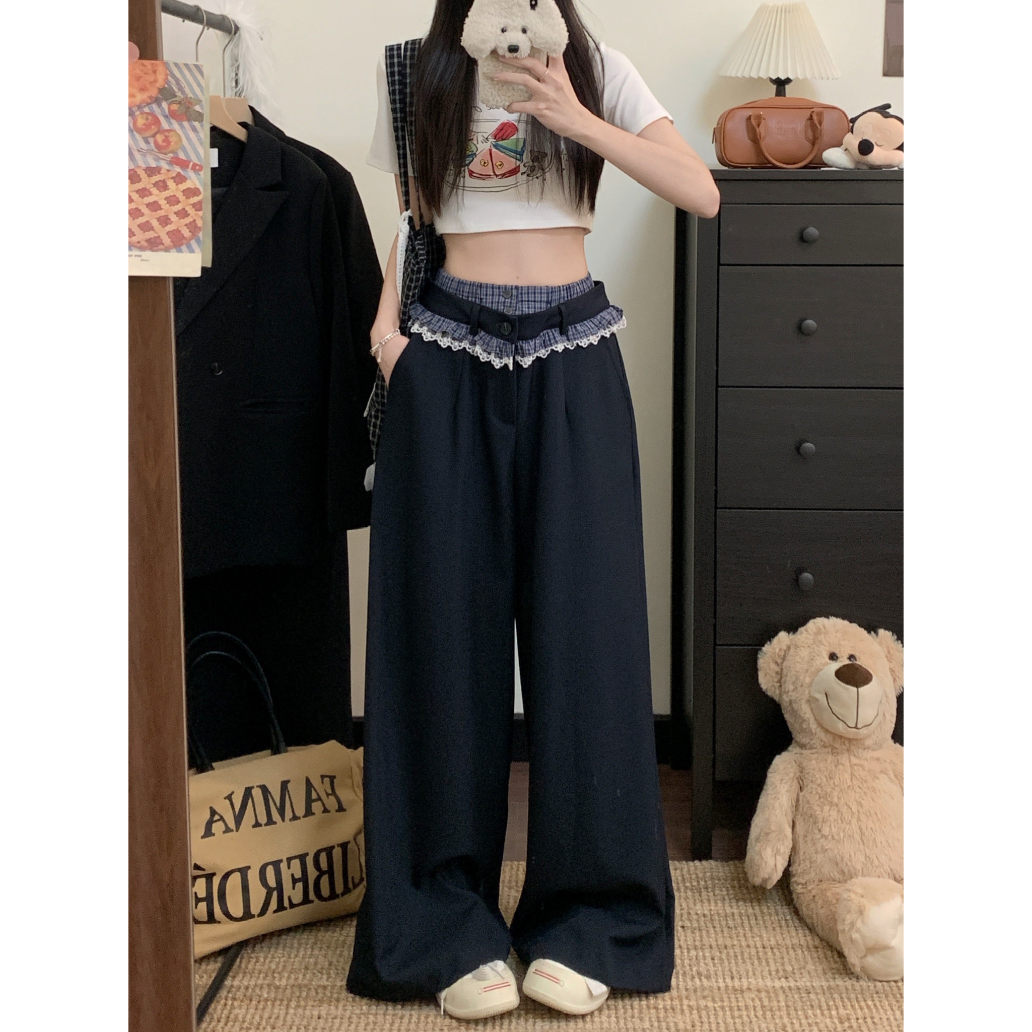 實拍蕾絲花邊雙腰頭西褲2025春季慵懶風高腰寬鬆顯瘦直筒休閒褲