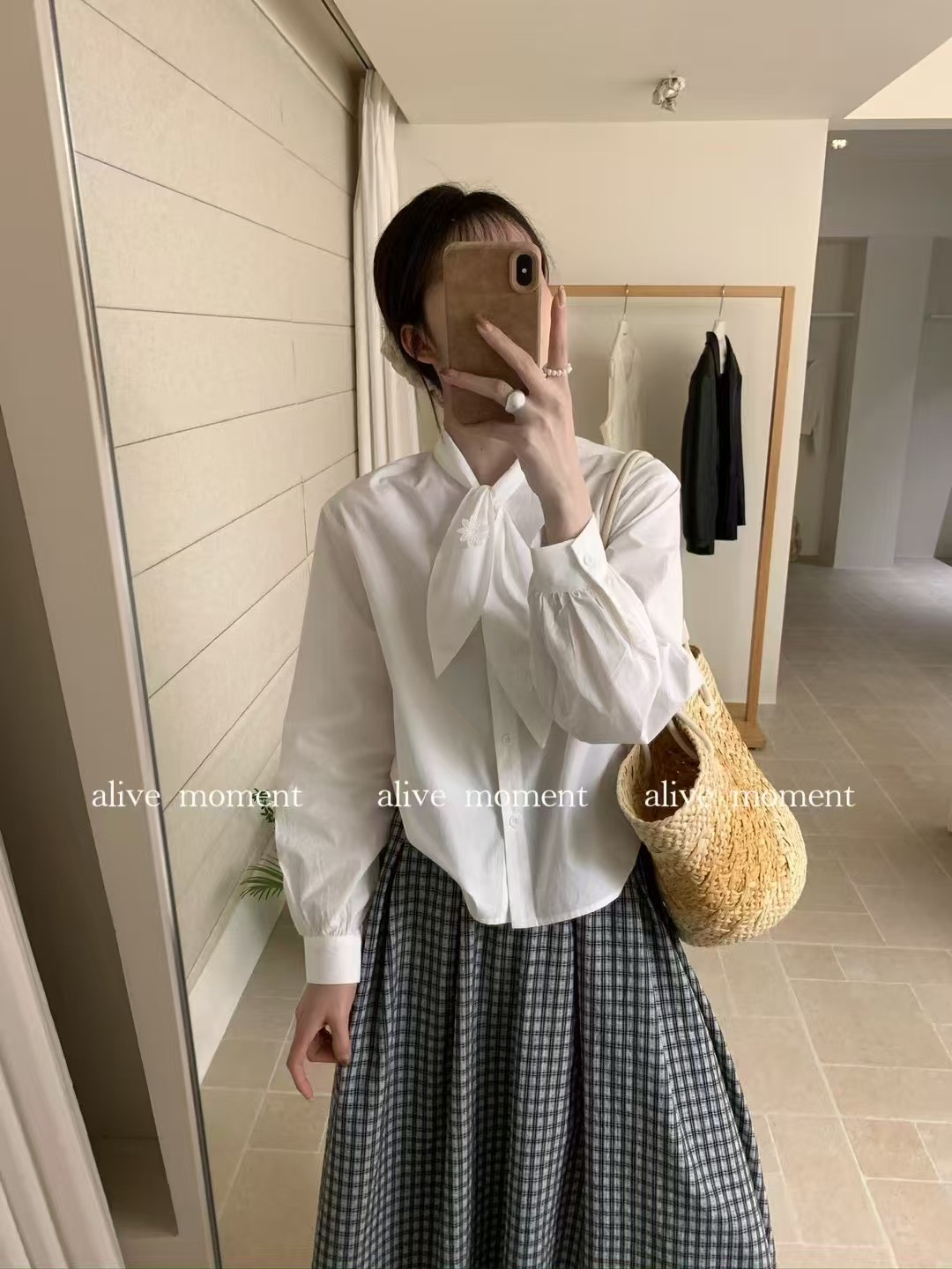 韓版早春新款小花甜美淨色復古領帶設計通勤長袖襯衫女