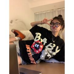 Official pure cotton 200g quality 240 Jin large size foamed printed hip-hop T-shirt for women