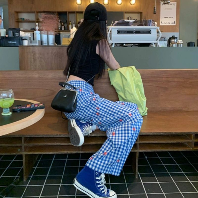 Blue plaid loose wide-leg pants for women in summer Korean lazy style dopamine straight walk pants