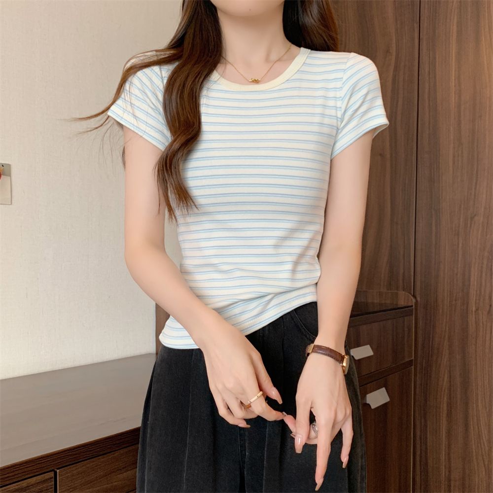 Real shot 40 pure cotton 210g 92 cotton/8 spandex 2025 summer short-sleeved T-shirt for women's stripes