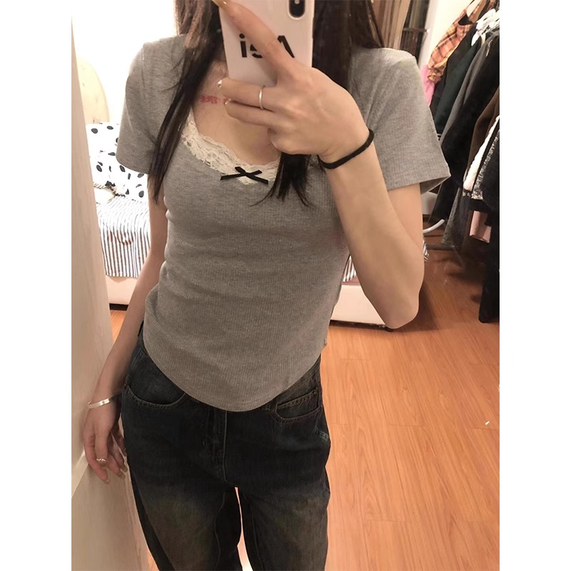 Hot girl design lace spliced ​​short-sleeved T-shirt for women in summer new slim fit pure ballet style bm