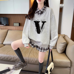 First shot of the real-time collar twill, thin top POLO collar plaid sweatshirt, women's long-sleeved jacket