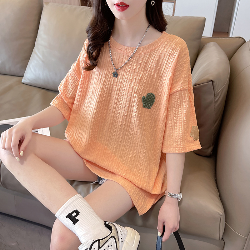 First release real-life polyester jacquard T-shirt summer large size loose versatile top for women