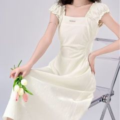 French-style square collar new first love pure white collar apricot color dress for waist-cinch body-shaping summer long dress