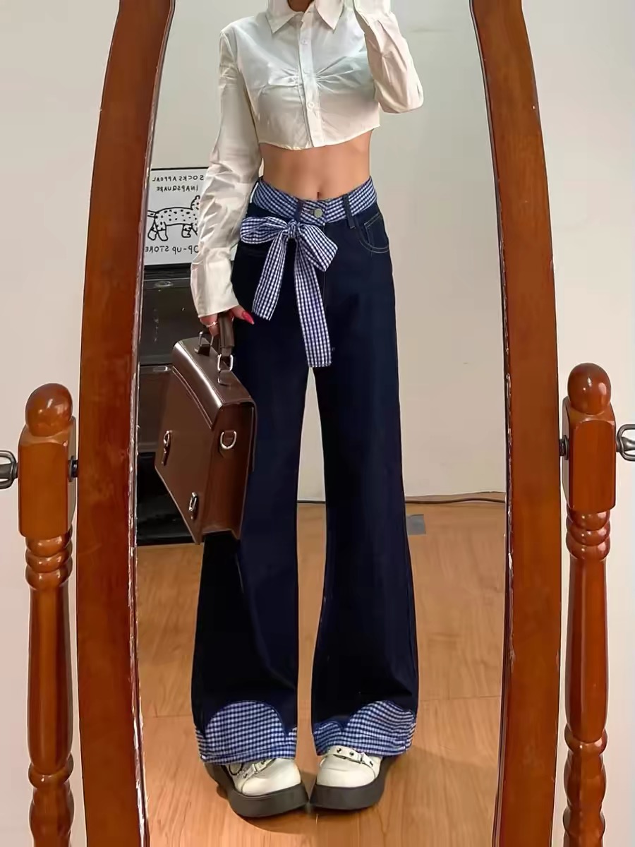 2025新款蝴蝶結綁帶設計感拼接寬鬆闊腿牛仔褲女直筒垂感拖地褲子