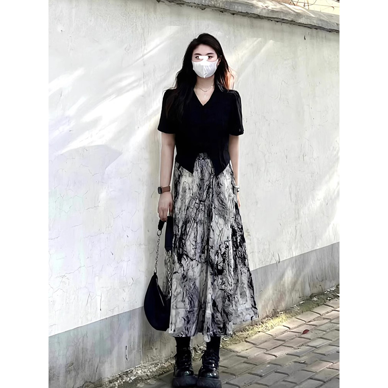 New Chinese style ink dress for women with high-end retro small summer high waist A-line printed skirt for summer