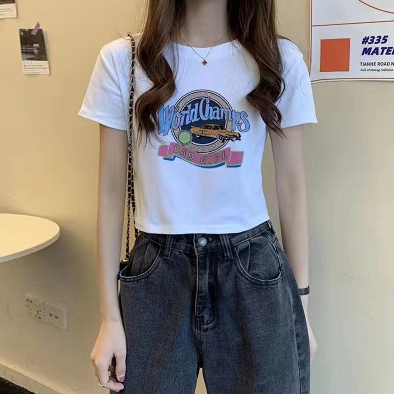 韓國外貿短袖T恤女ins小眾設計感高腰露臍辣妹短款百搭學生上衣