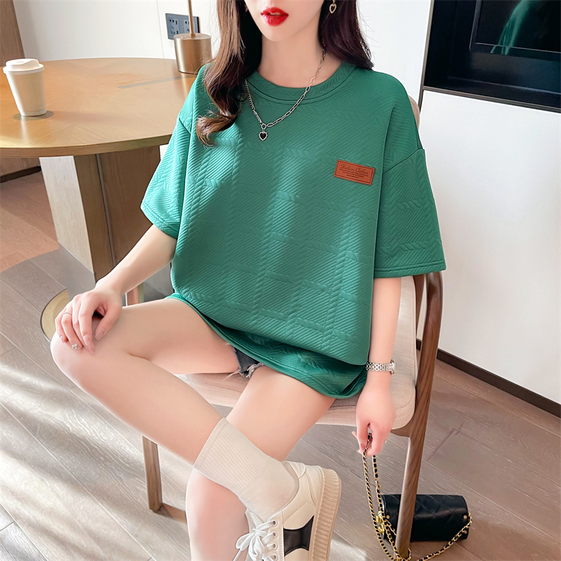 First release real-life jacquard back collar Korean mid-length summer front shoulder short-sleeved T-shirt for women