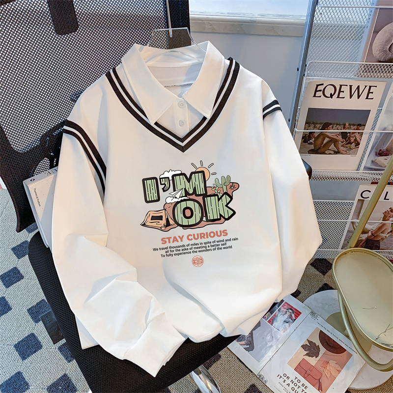 Real photo of the street back bag collar twill thin POLO collar sweatshirt for women cartoon long-sleeved jacket design top internet celebrity