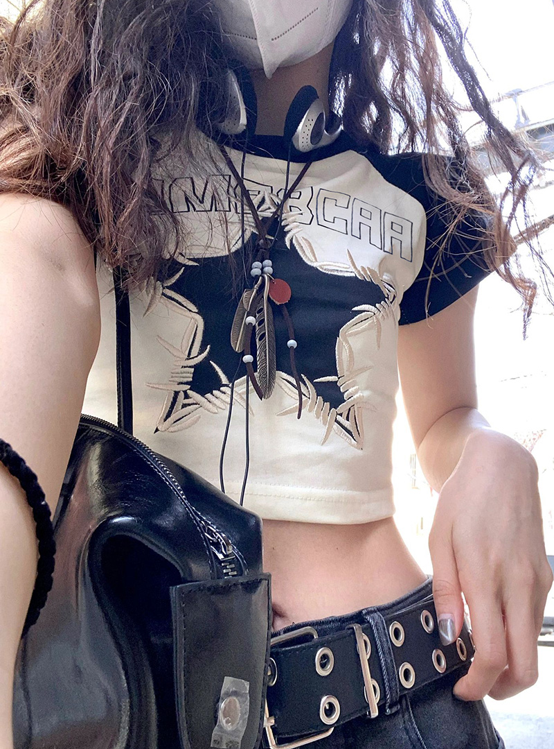 Print + embroidery 40 92 cotton 8 spandex quality Korean version high-end star T-shirt for women