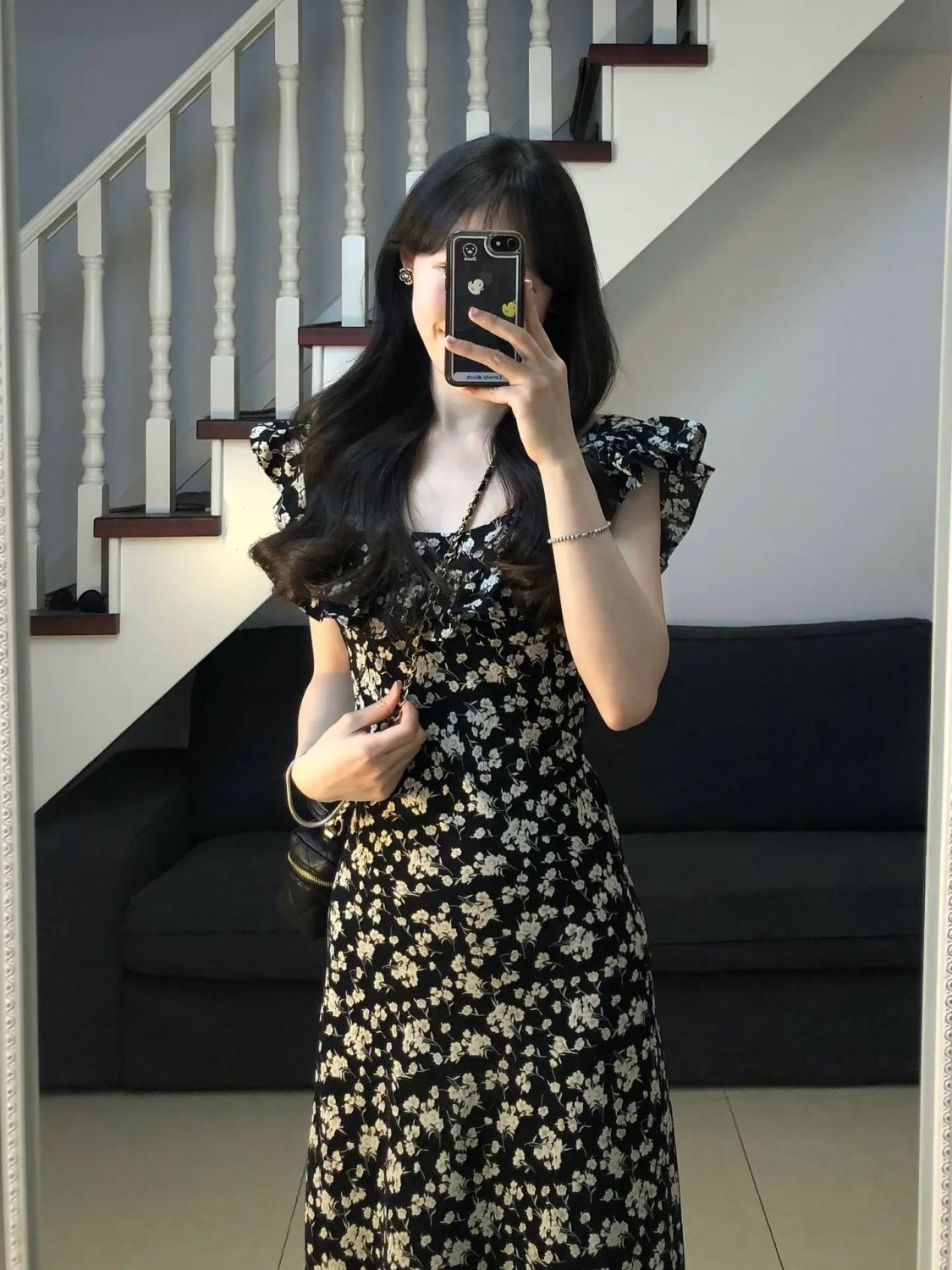 2025夏季新款茶歇法式黑色碎花連衣裙子質感高級感收腰女裝長裙潮