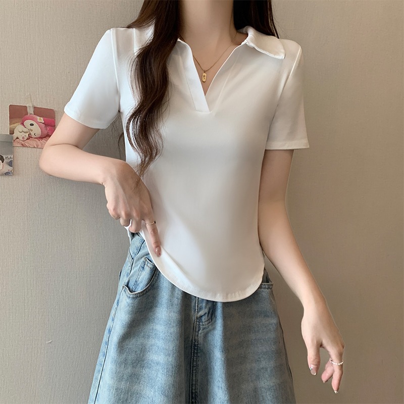 Real shot of 92 cotton 8 spandex, back bag collar 210g thread, summer polo neck slim T-shirt for women