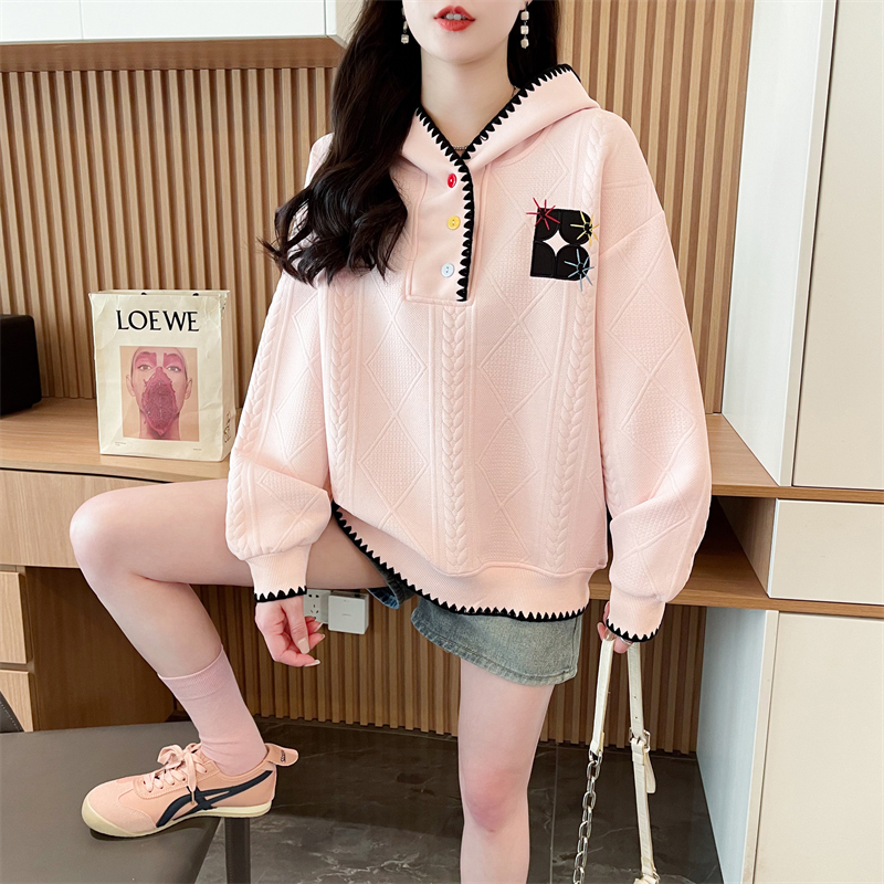 Real shot original jacquard hooded large size women's spring and autumn thin long-sleeved sweatshirt women's loose design top