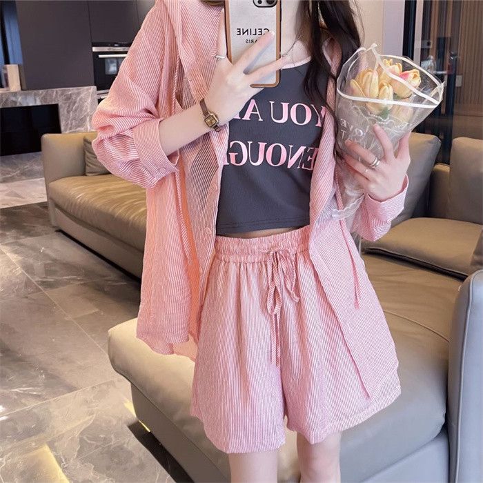 Real shot original workmanship quality lightweight sun protection breathable hooded cardigan shorts shirt two-piece set