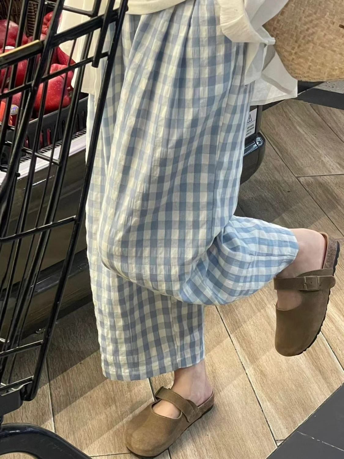 日系清新格子休閒褲鬆緊腰小個子夏季薄款寬鬆闊腿九分褲遛彎褲子