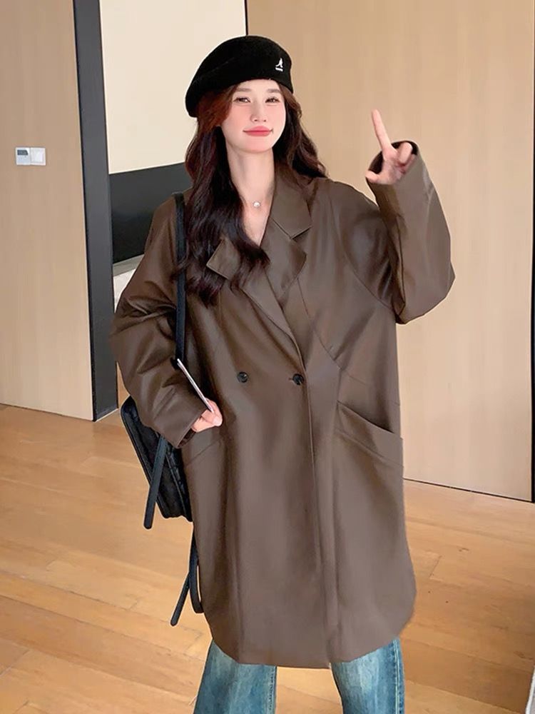 韓國咖色高級感中長款西裝pu皮衣外套女春季新款寬鬆休閒氣質風衣