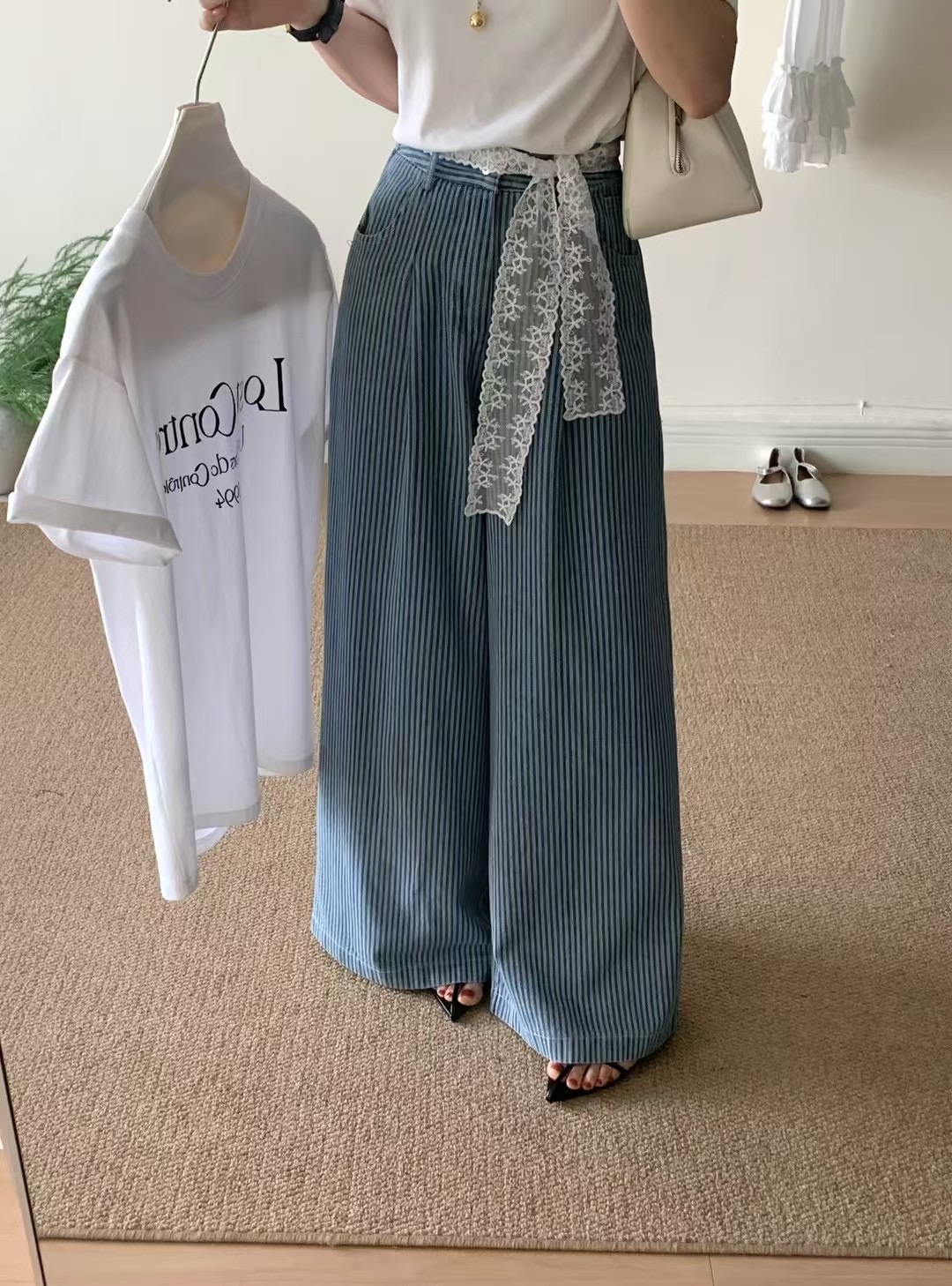 實拍～韓版翻邊寬鬆蕾絲腰帶休閒褲闊腿褲女