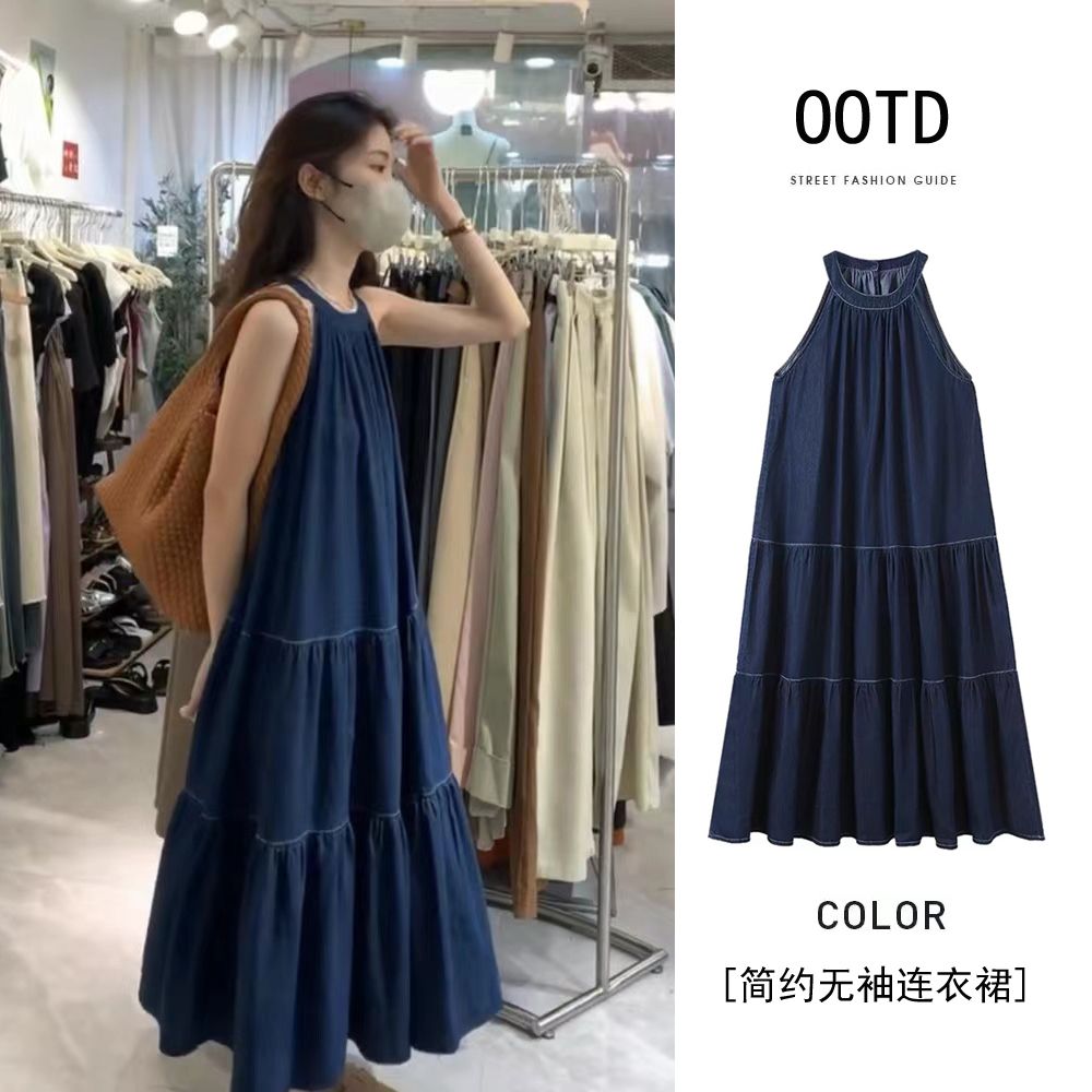 French off-shoulder halter dress 2025 summer new loose mid-length high-end dark blue denim skirt