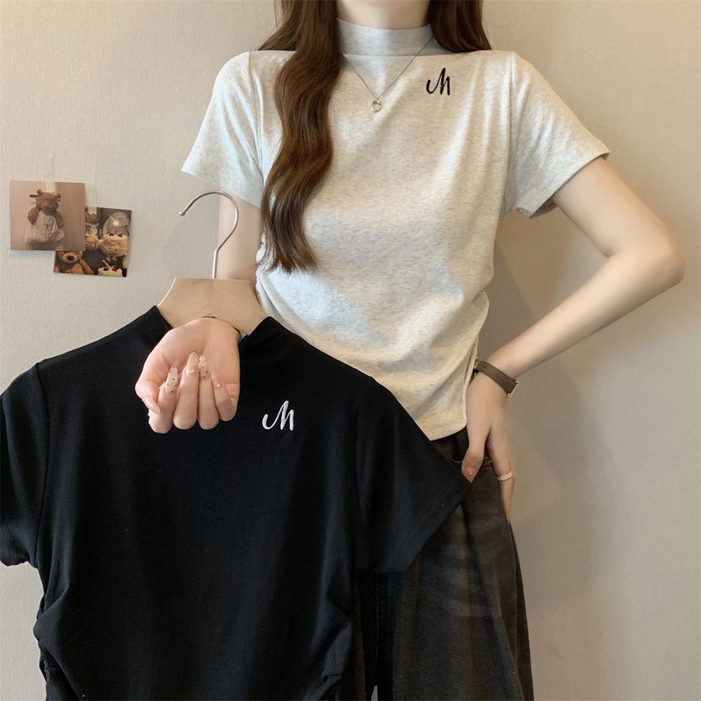 Real shot 40 pure cotton 210g 92 cotton/8 spandex half high neck short sleeve T-shirt for women