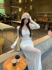 Real shot, pure and unique butterfly embroidered mesh T+ high waisted long skirt