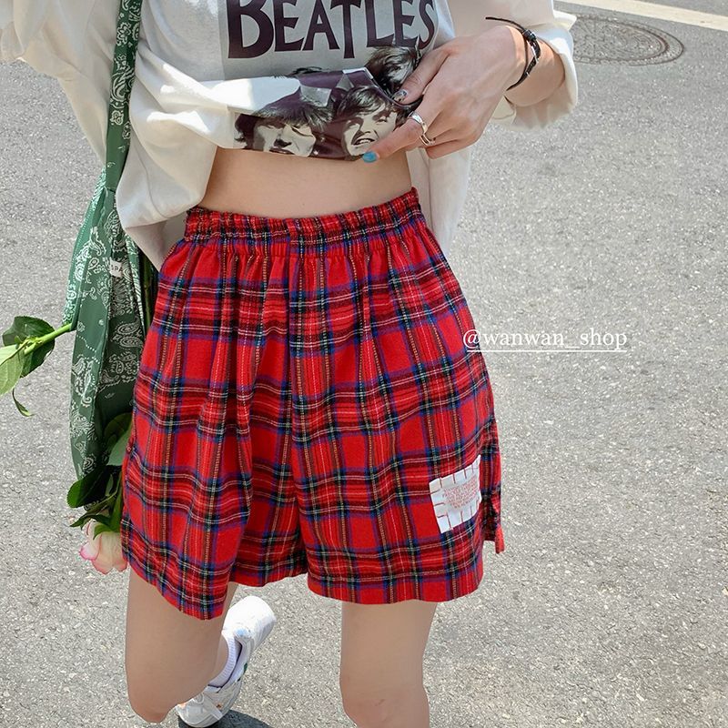 可愛紅色格子休閒短褲女2025夏季鬆緊腰韓版寬鬆高腰甜美