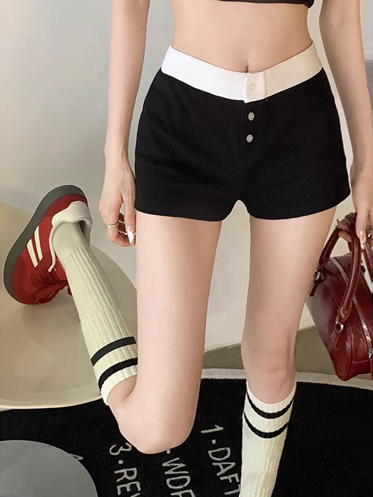 螺紋三粒扣鬆緊低腰短褲女夏季BM風百搭緊身彈力四角褲熱褲