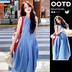 French holiday style blue vest dress for women in summer new design sense waist-hugging and slimming A-line long skirt