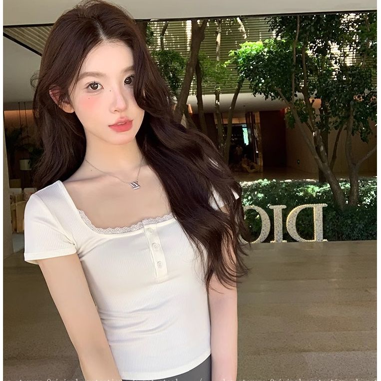只做好品質甜辣風蕾絲邊短袖t恤女夏修身方領顯瘦短款上衣