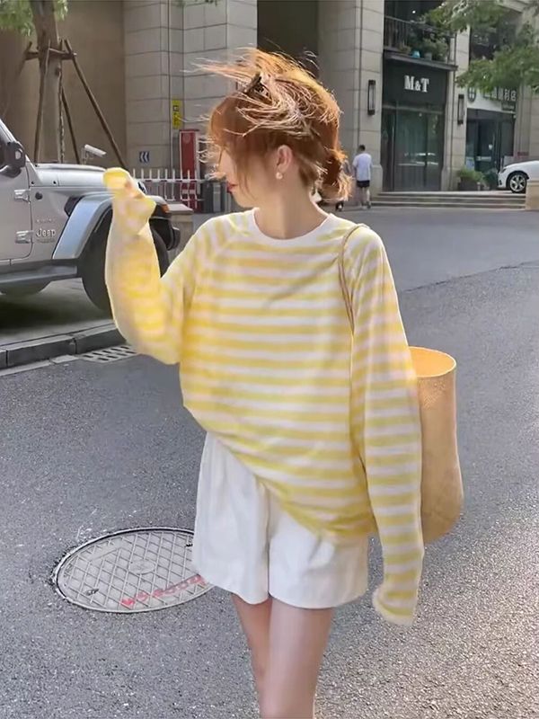 Spring and summer sunscreen shirt blouse women's contrasting color striped tulle 2025 new casual loose thin long-sleeved T-shirt top