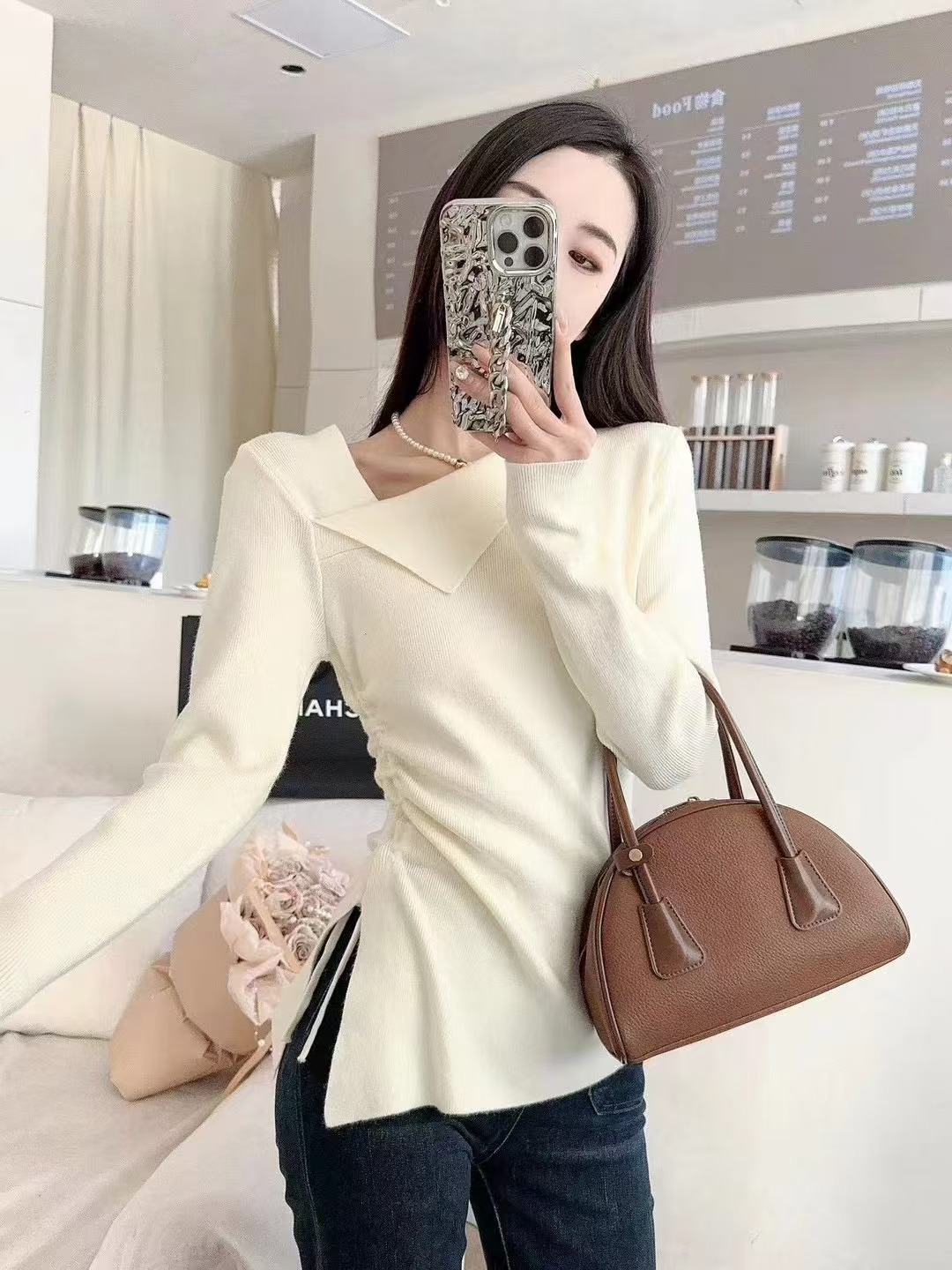 Retro Hong Kong style design slanted neck sweater for women in autumn and winter new long-sleeved versatile unique slit base shirt