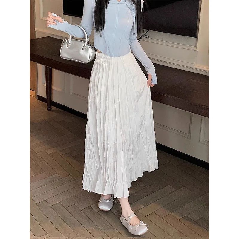 Gentle Breeze Pleated Midi Skirt with Elastic Waist - Spring and Summer New Arrival High-Waisted Slimming A-Line Midi Dress