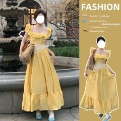 Yellow Blouse Dress with Small Fly Sleeves, Square Collar, Straps, Summer 2025 New Arrival Beach Vacation High-Waisted Long Dress with Scarf