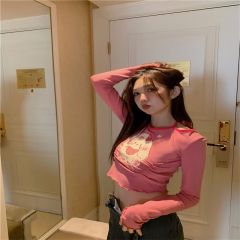 Comfortable cotton sweet hot girl rabbit printed halter neck long-sleeved T-shirt for women early autumn slim short pleated top