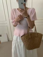 早春配發圈法式短袖針織衫女2025氣質設計感收腰顯瘦上