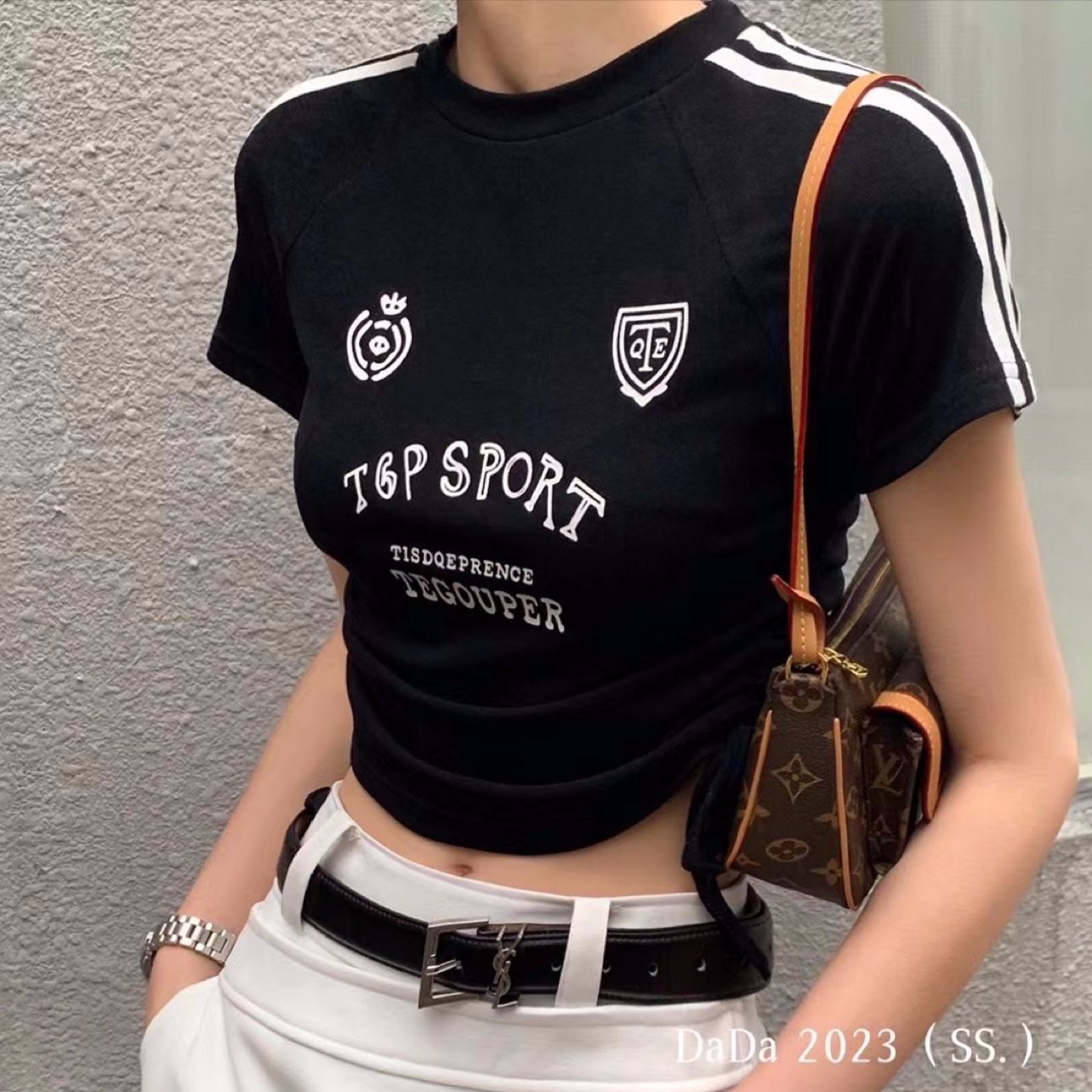 92-person cotton 8 spandex, 260g new spring printed letter drawstring American short T-shirt for women