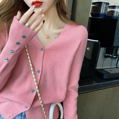 V-neck knitted cardigan jacket new women's inner bottom shirt spring and autumn thin loose top