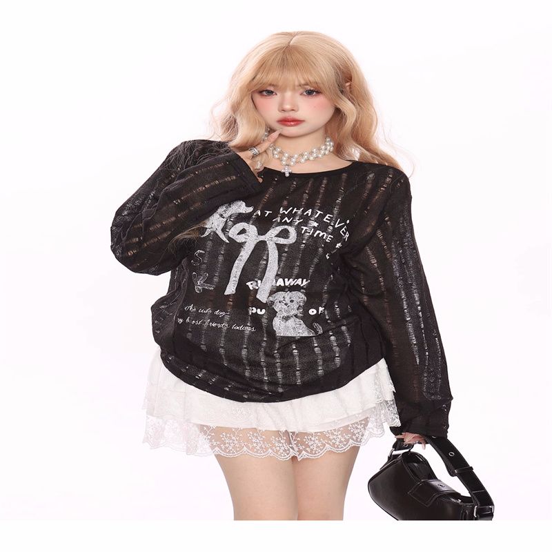 Korean black and white printed sunscreen blouse T-shirt for women design sense hollow off-shoulder hot girl long-sleeved top