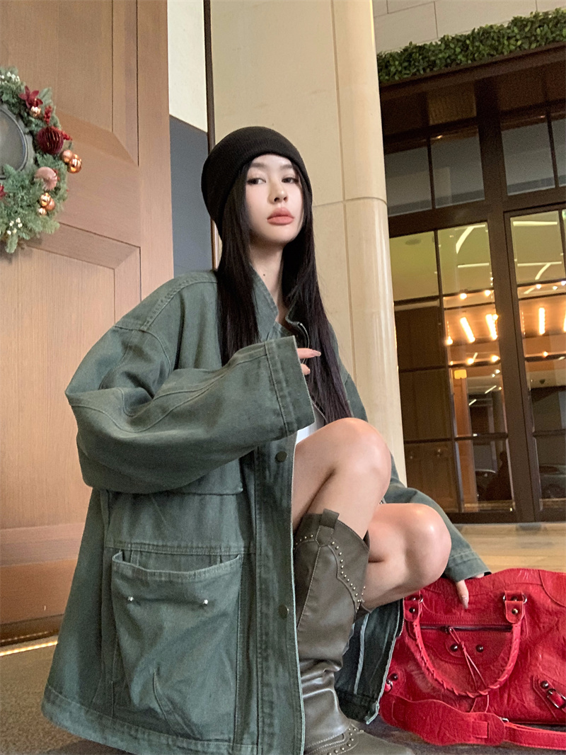 Real shot of retro heavy industry lazy work jacket Chunjun green washing old shoulder loose wide version