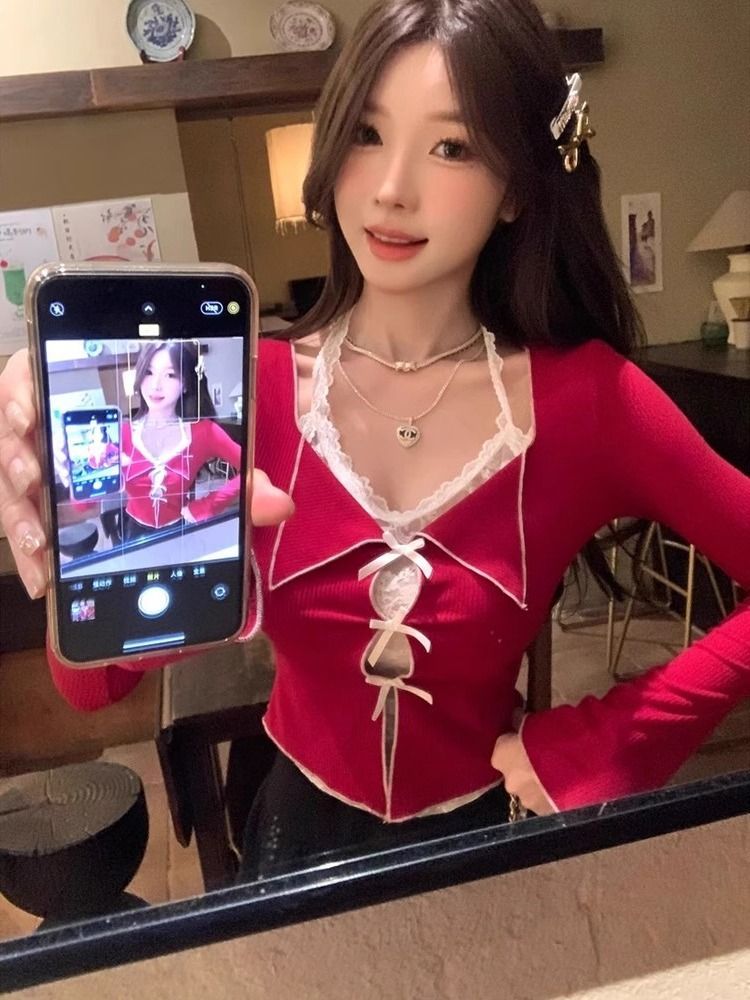 Original quality modal cotton red sexy pure style fake two-piece halter neck lace long-sleeved T-shirt for women