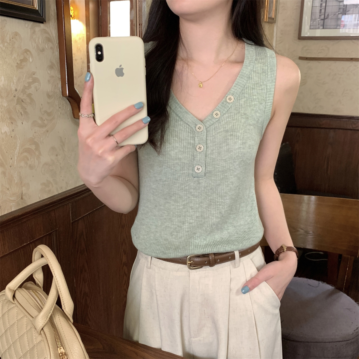 Real shot of summer Korean style half-open button v-neck 6 wool sweater versatile sleeveless vest top
