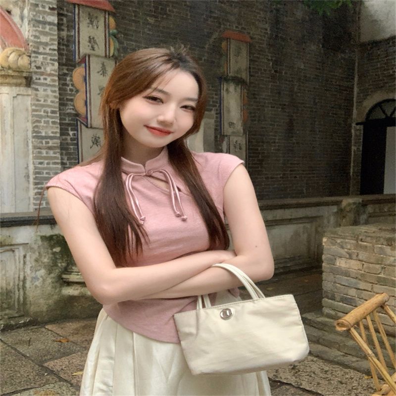 Chinese style short-sleeved T-shirt pleated summer new style buttoned hollow waist-hugging pink temperament and fashionable body slim