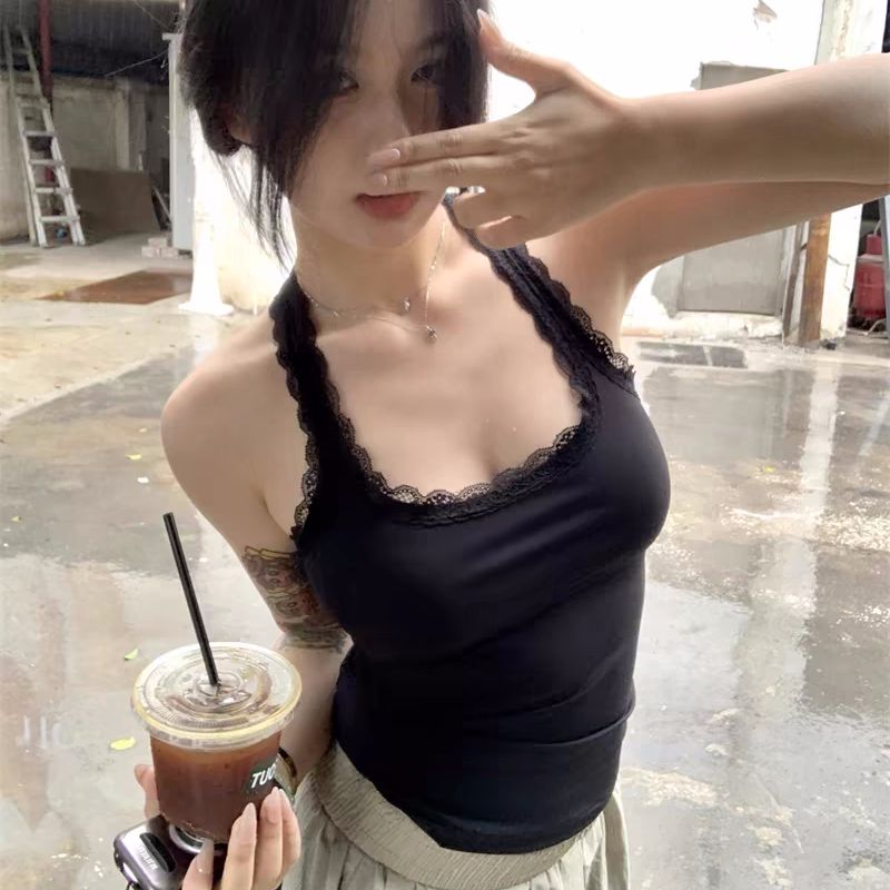 Modal 260 Claire lace small suspender for women in summer black short slim sleeveless top