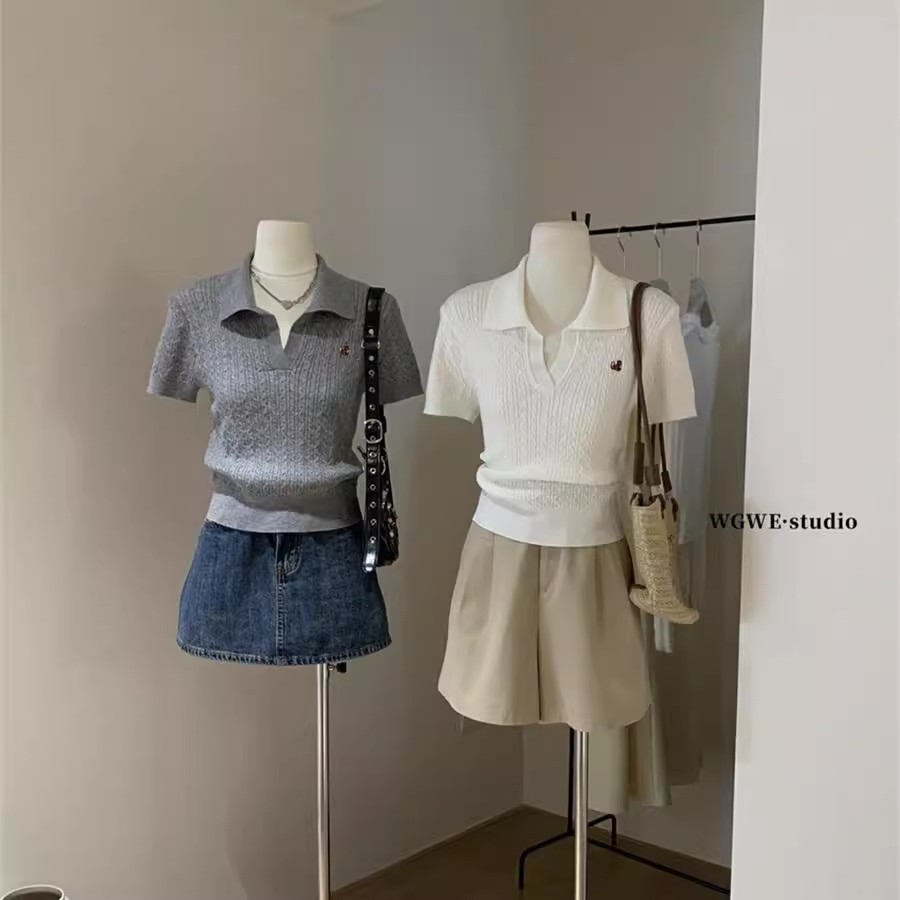 2025春夏季新款女學院甜美減齡時尚撞色刺繡絞花短袖冰絲針織衫