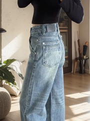 Washed high-waist jeans 2025 new women's loose and slim versatile straight pants narrow version wide-leg trousers
