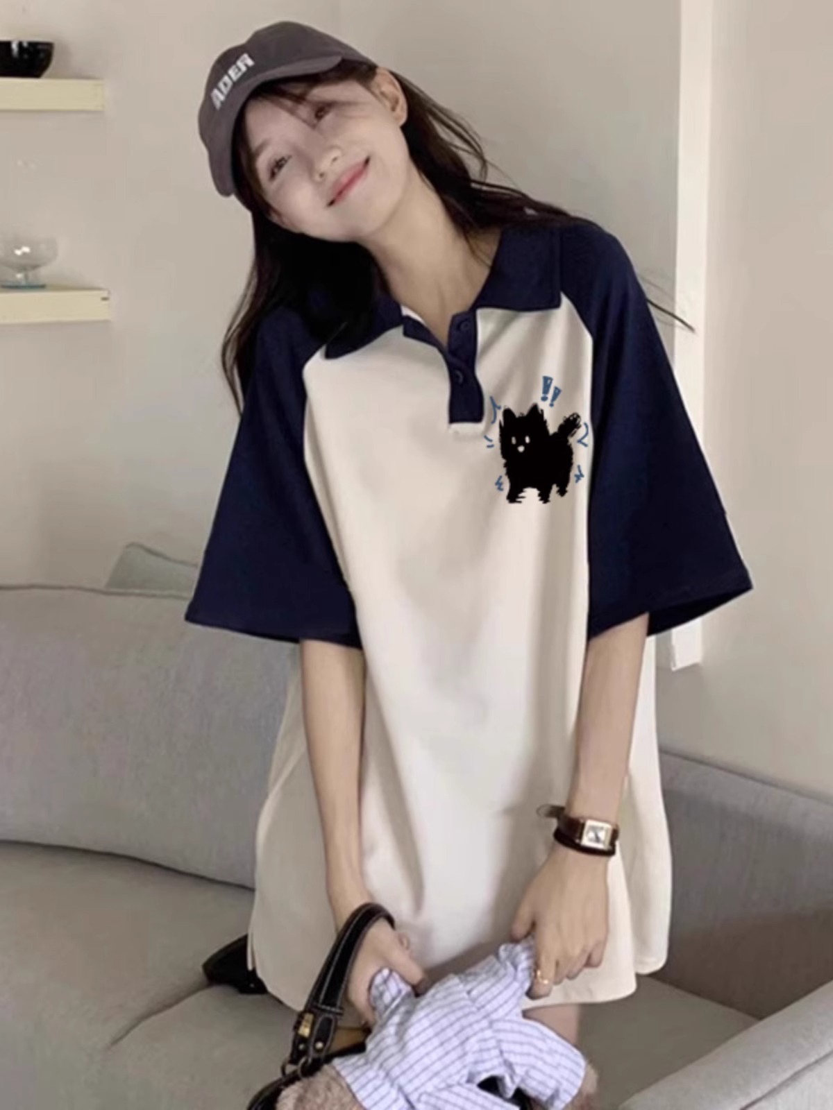 High-quality pure cotton 200g 21 combed tight printed POLO shirt loose color block lapel short-sleeved shirt for women