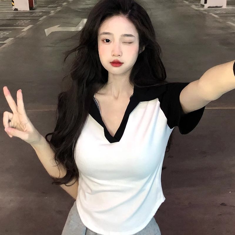 210g pure cotton thread quality American polo collar short sleeve short style hot girl top summer