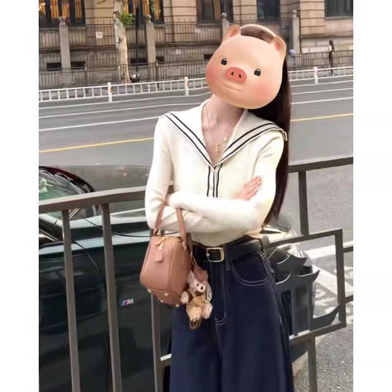 小香風海軍領針織打底衫女秋冬季洋氣內搭韓系氛圍感穿搭緊身毛衣