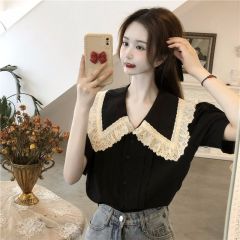 Fat mm French short-sleeved shirt for women with summer large size loose slimming belly lace doll collar age-reducing top