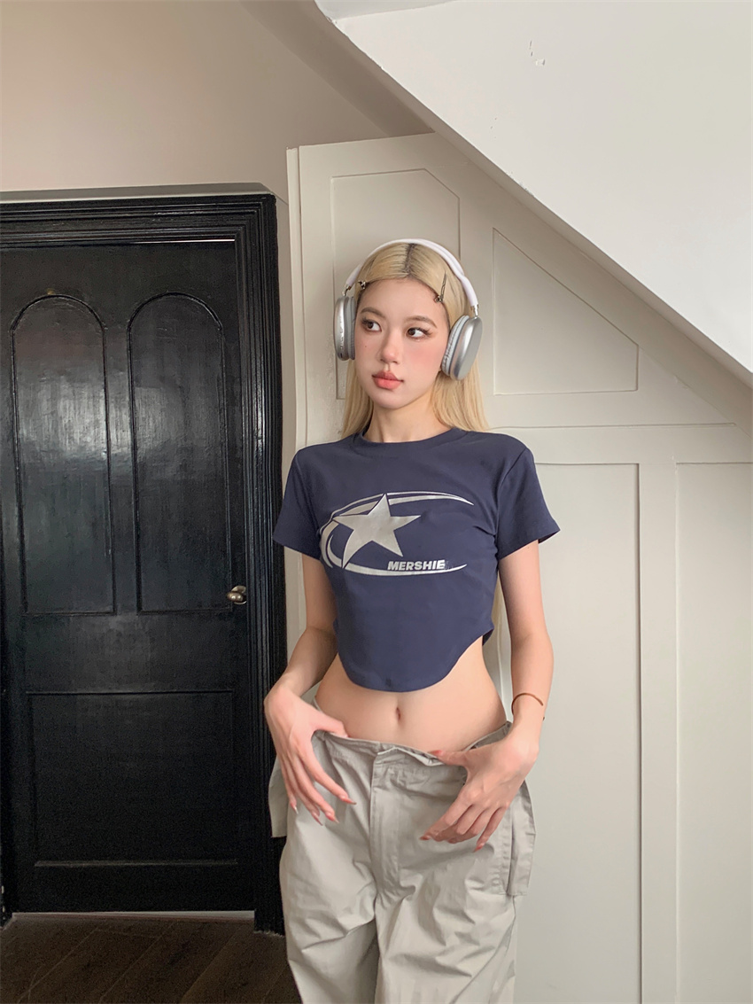 Real shot of Hong Kong-style Korean casual pull-out print short T-shirt